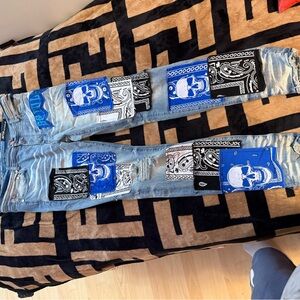 Men's GFTO Blue and Black Patchwork Jeans